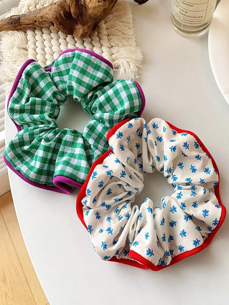 Bow Cloth Scrunchies Set, 2pcs Checked And Floral Print Hair Ties For Women