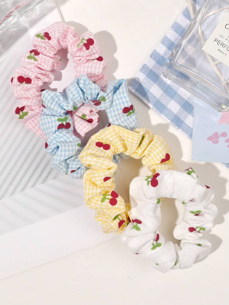 Knitted Candy Color Scrunchies Set, 4pcs Bohemian Grid Cherry Hair Ties