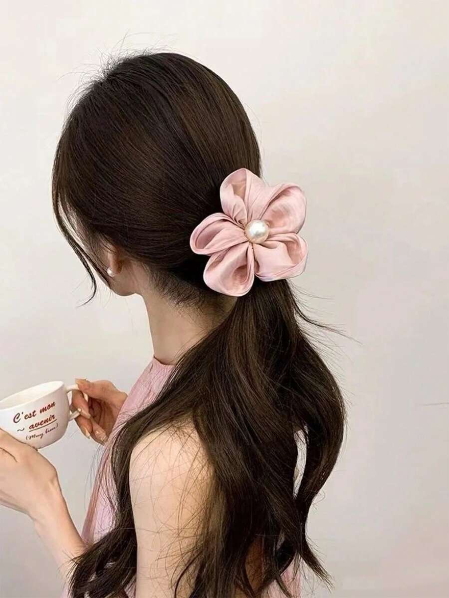 Faux Pearl Flower Scrunchie, Elegant Leather Band Hair Tie For Women