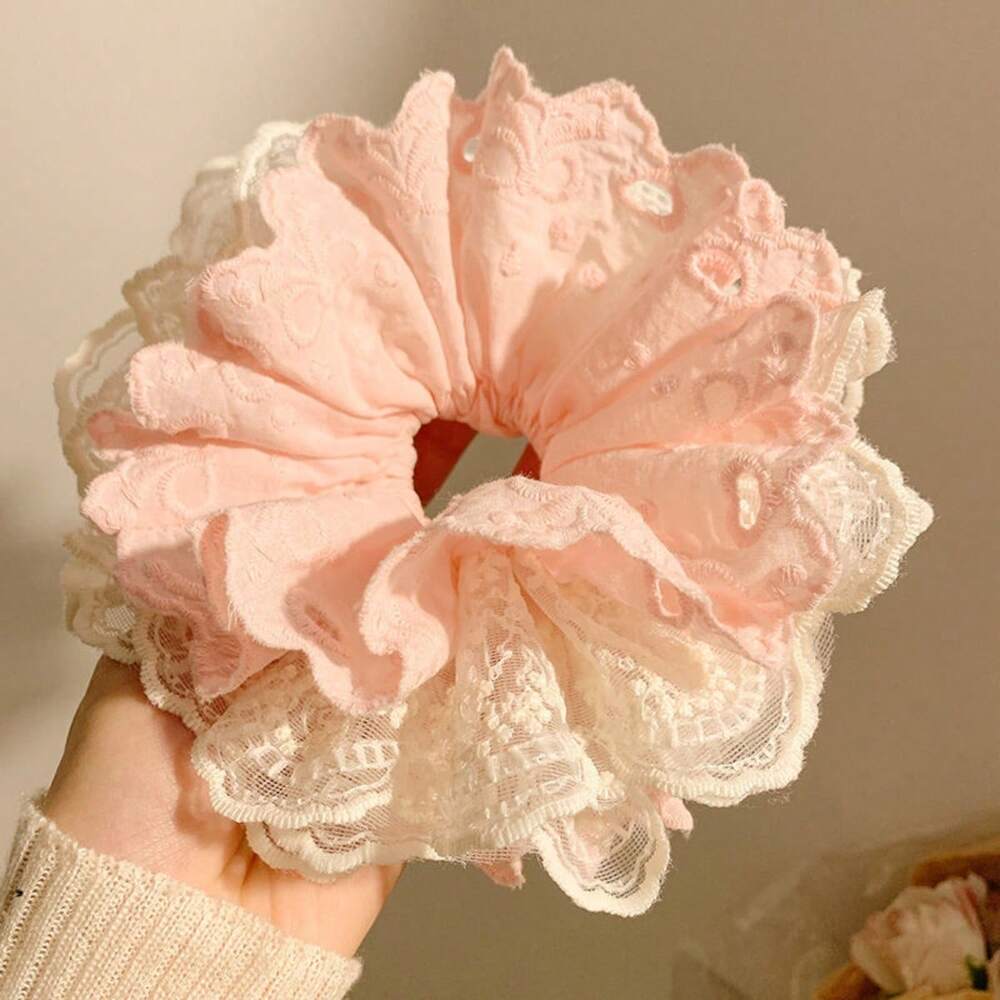 French Blue Lace Scrunchie, Hollow Floral Hair Tie For Daily Wear