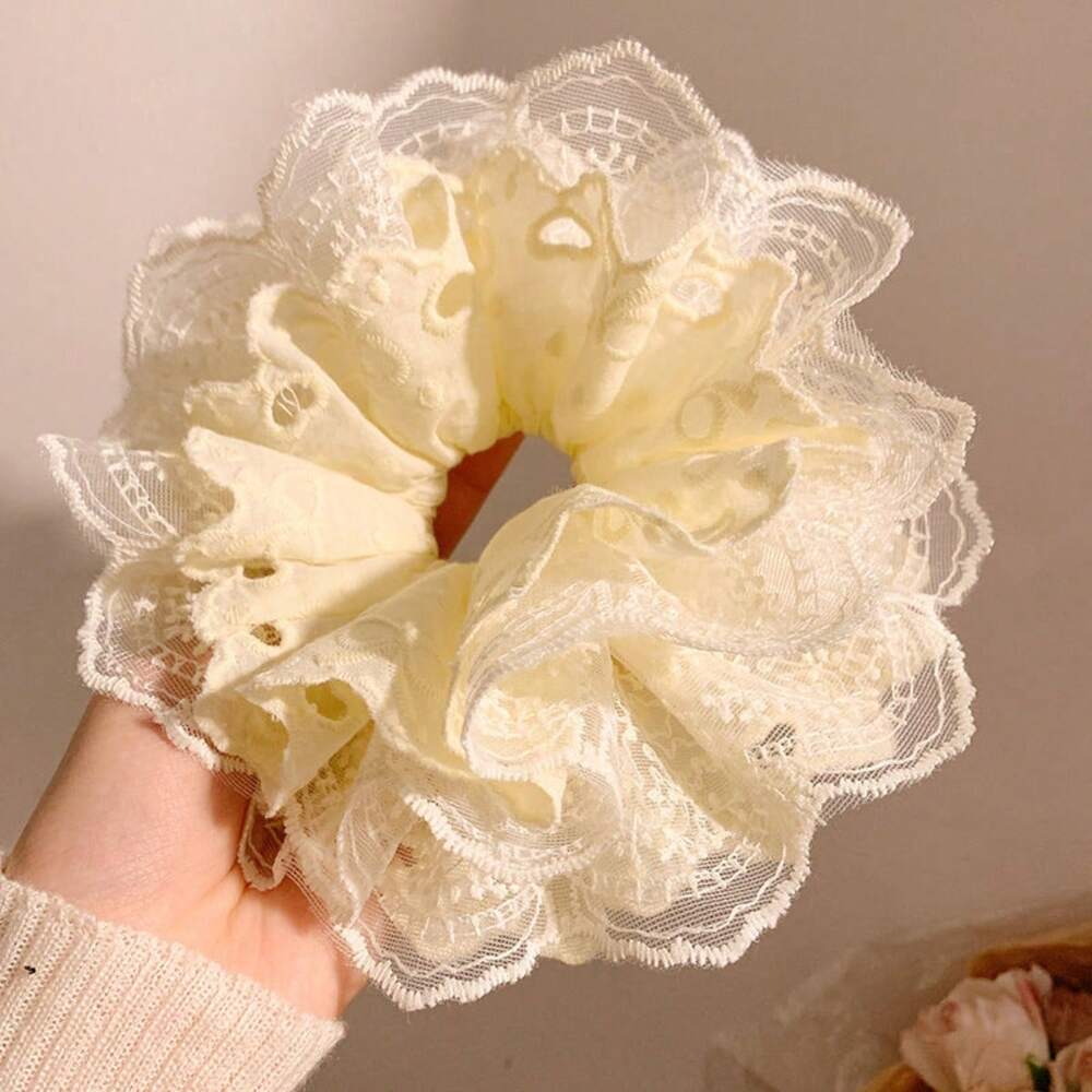 French Blue Lace Scrunchie, Hollow Floral Hair Tie For Daily Wear