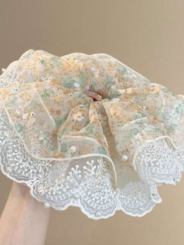 Retro Ditsy Floral Lace Scrunchie, Faux Pearl Decor Hair Tie For Women