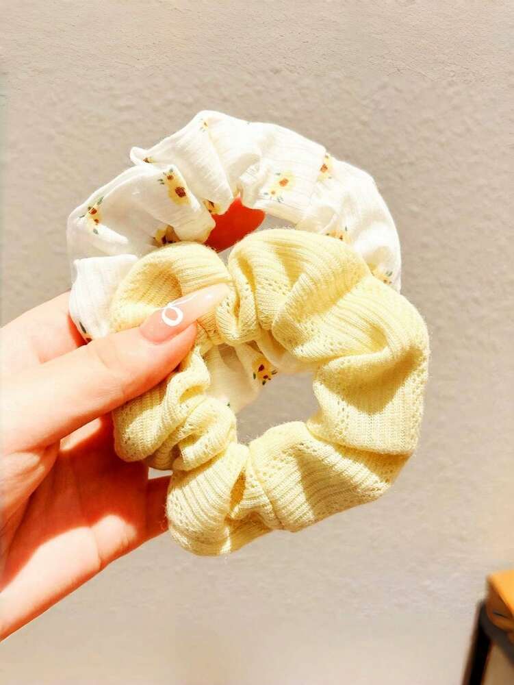 Floral Design Scrunchies Set, 2pcs Cute Hair Ties For Outings And Parties