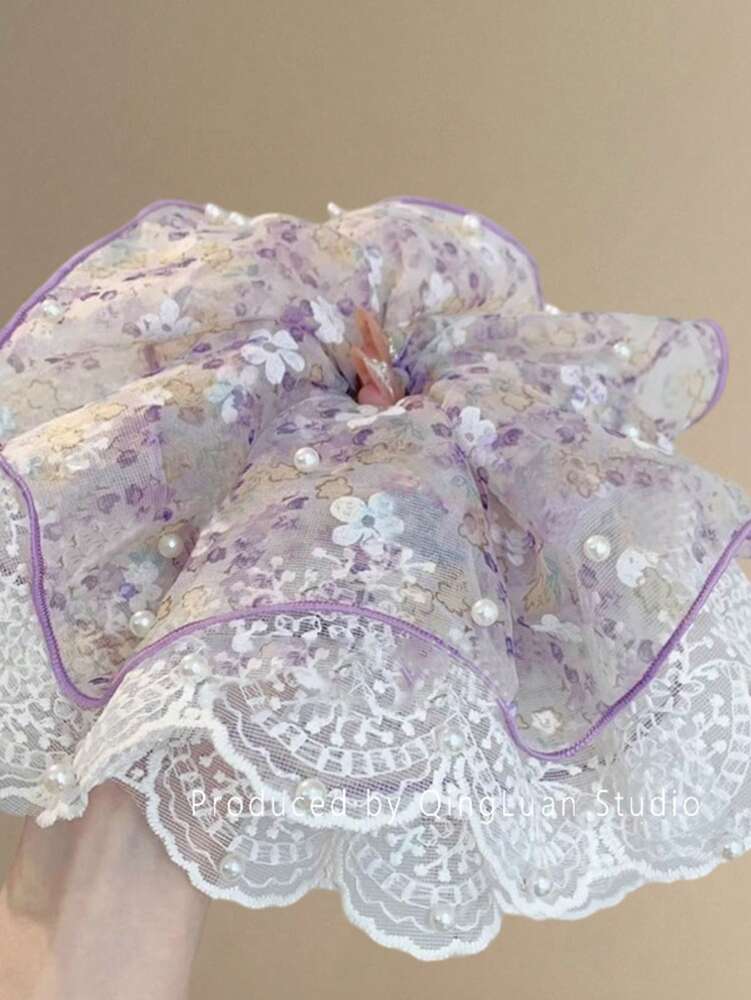 Retro Ditsy Floral Lace Scrunchie, Faux Pearl Decor Hair Tie For Women