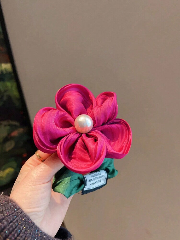 Faux Pearl Flower Scrunchie, Elegant Leather Band Hair Tie For Women