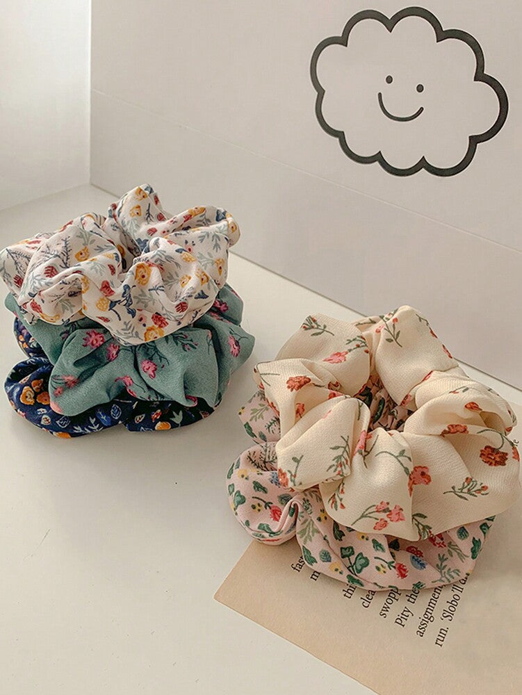 Floral Cloth Scrunchies Set, 5pcs Country Style Elastic Hair Ties For Women