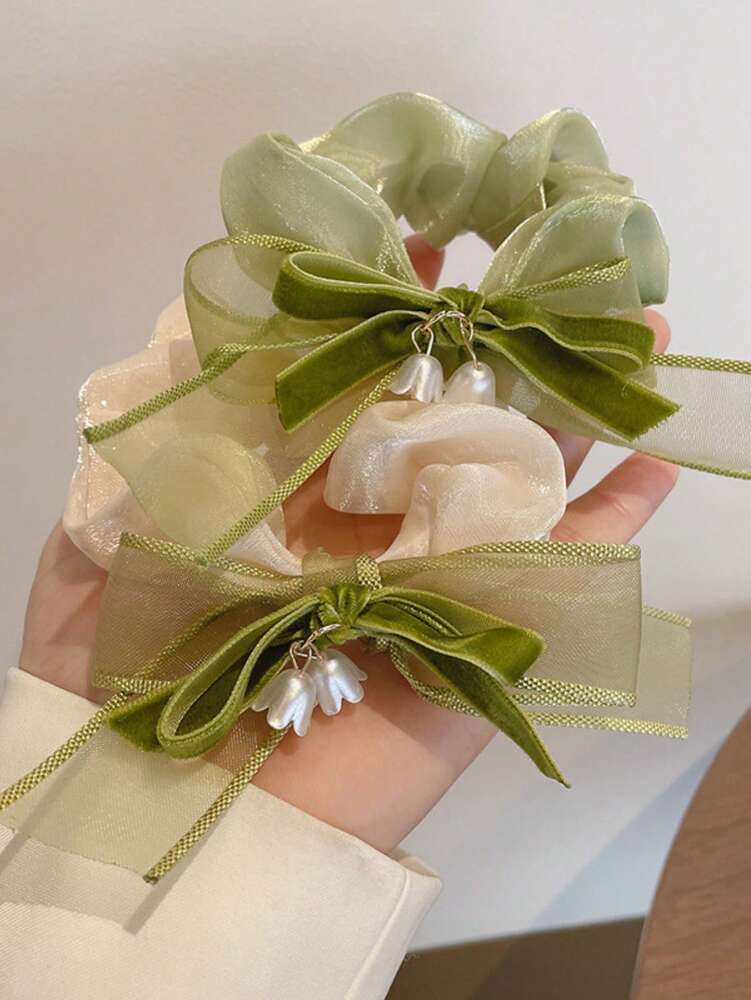 Bow Decor Floral Scrunchies Set, 2pcs Cute Hair Ties Ponytail Holders For Women