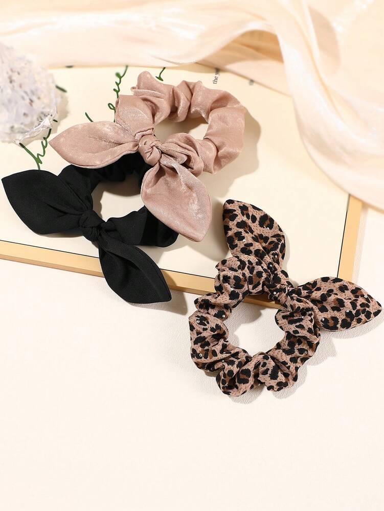 Retro Leopard Print Rhinestone Scrunchies Set, 3pcs Rabbit Ear Design Hair Ties For Women