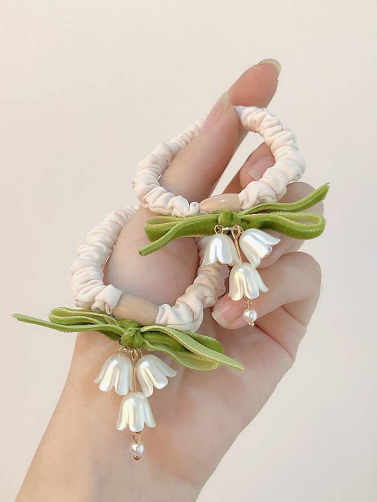 Flower Decor Hair Scrunchies Set, 2pcs Boho Style Elastic Hair Ties For Daily Wear