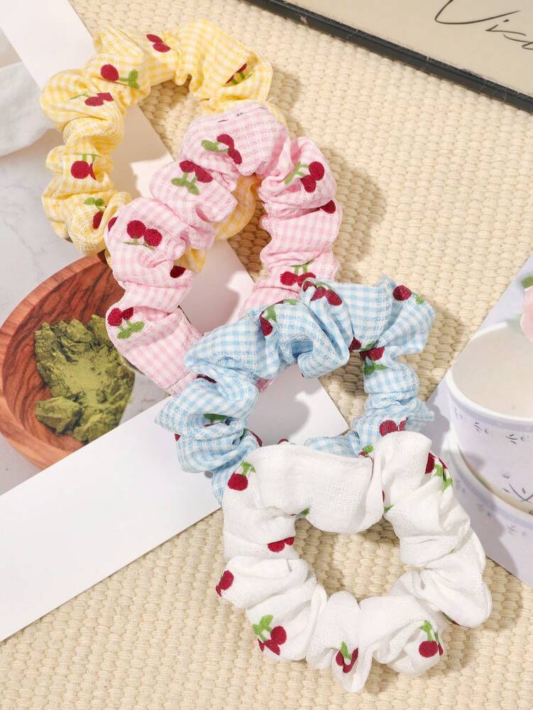 Knitted Candy Color Scrunchies Set, 4pcs Bohemian Grid Cherry Hair Ties