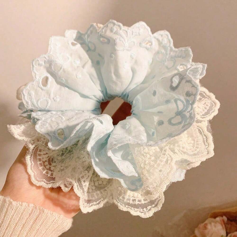 French Blue Lace Scrunchie, Hollow Floral Hair Tie For Daily Wear
