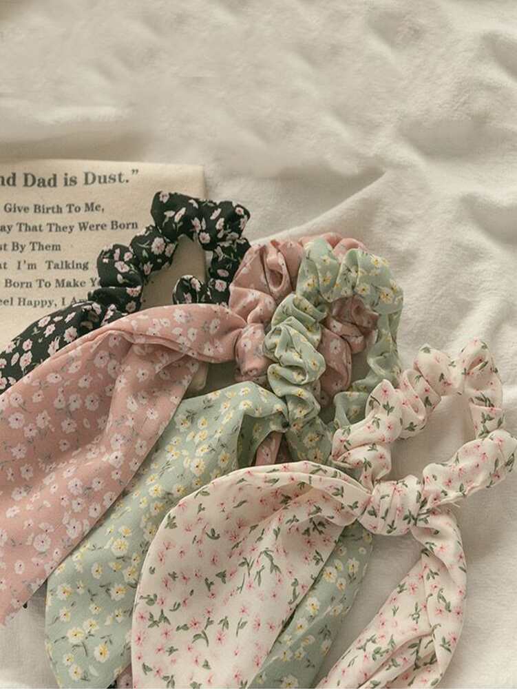 Oversized Floral Leaf Print Scrunchies Set, 4pcs Chic Hair Ties For Daily And Party Wear