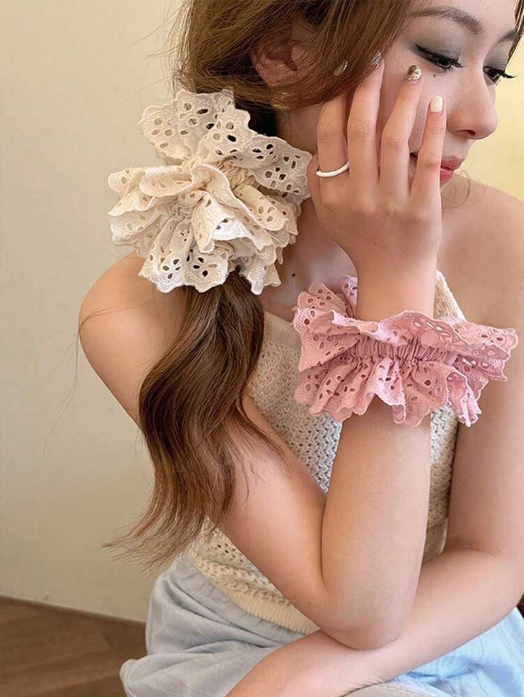 Lace Hollow Scrunchies Set, 1/2pcs Elegant White And Pink Hair Ties For Women