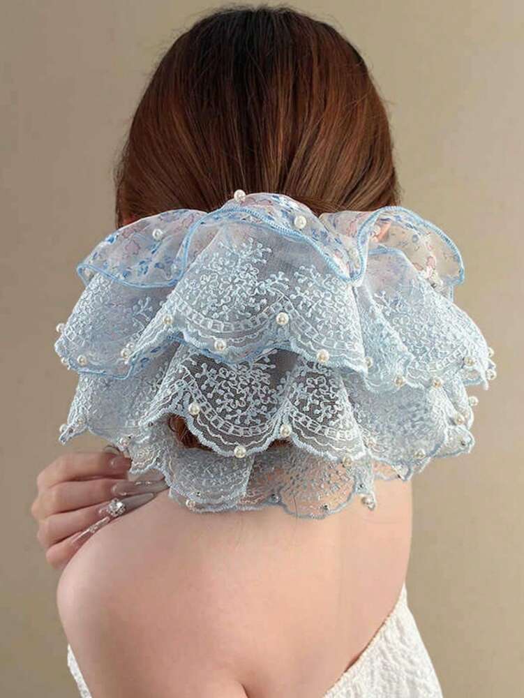 Retro Ditsy Floral Lace Scrunchie, Faux Pearl Decor Hair Tie For Women