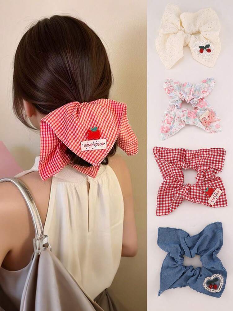 French Lace Plaid Scrunchies Set, 1/4pcs Sweet Girl Hair Ties With Cherry Design