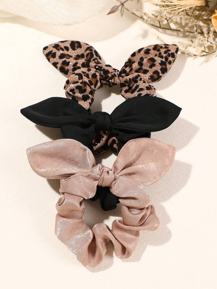 Retro Leopard Print Rhinestone Scrunchies Set, 3pcs Rabbit Ear Design Hair Ties For Women