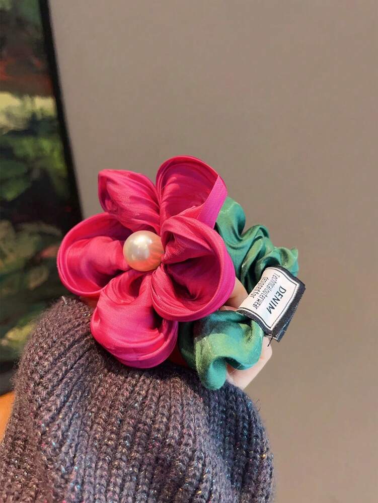 Faux Pearl Flower Scrunchie, Elegant Leather Band Hair Tie For Women