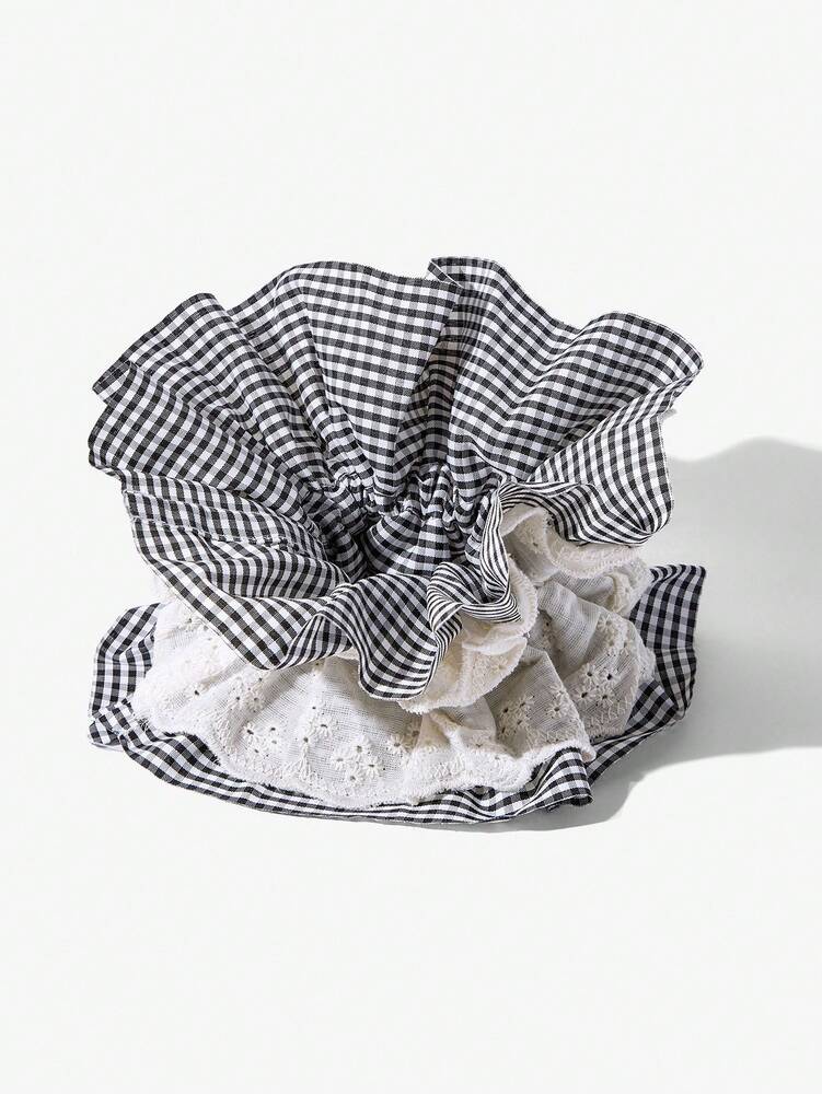 Plaid Lace Ruffle Scrunchie, 4-Layer Large Bun Hair Tie For Women