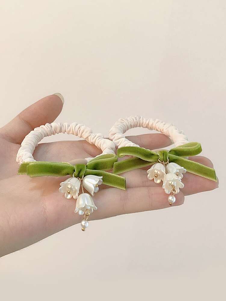 Flower Decor Hair Scrunchies Set, 2pcs Boho Style Elastic Hair Ties For Daily Wear