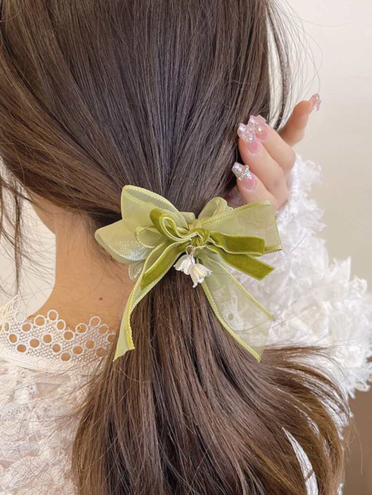 Bow Decor Floral Scrunchies Set, 2pcs Cute Hair Ties Ponytail Holders For Women