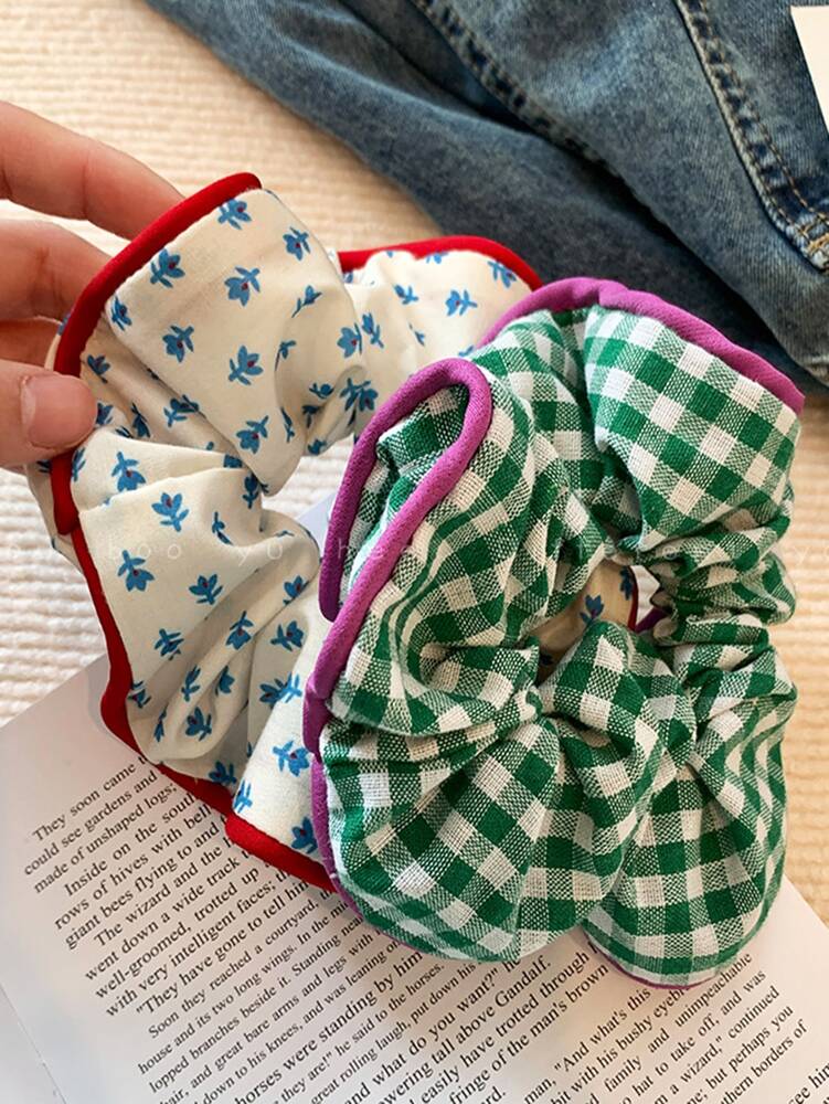 Bow Cloth Scrunchies Set, 2pcs Checked And Floral Print Hair Ties For Women