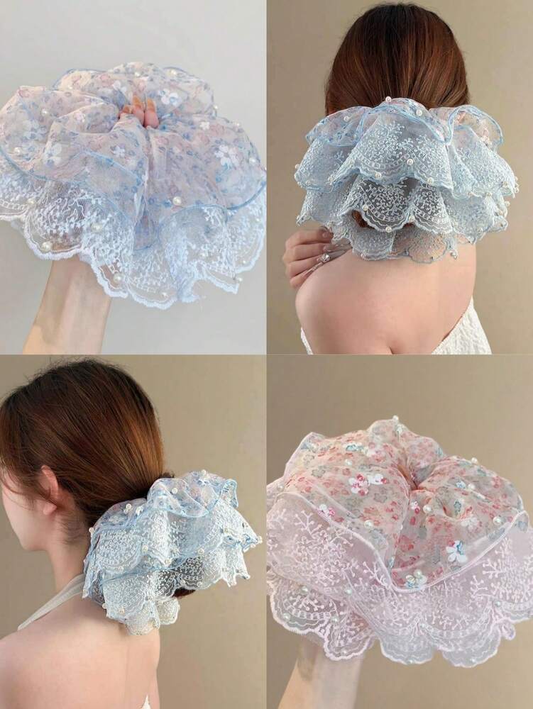 Retro Ditsy Floral Lace Scrunchie, Faux Pearl Decor Hair Tie For Women