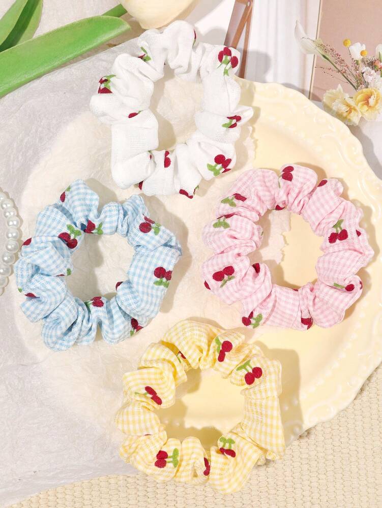 Knitted Candy Color Scrunchies Set, 4pcs Bohemian Grid Cherry Hair Ties