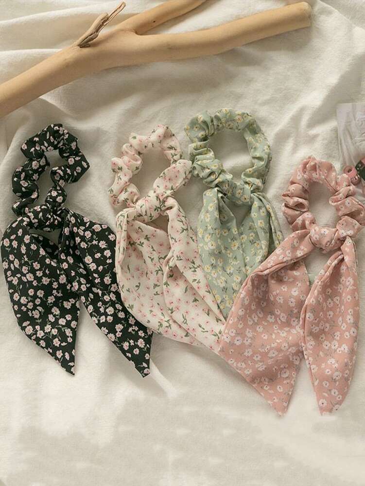 Oversized Floral Leaf Print Scrunchies Set, 4pcs Chic Hair Ties For Daily And Party Wear