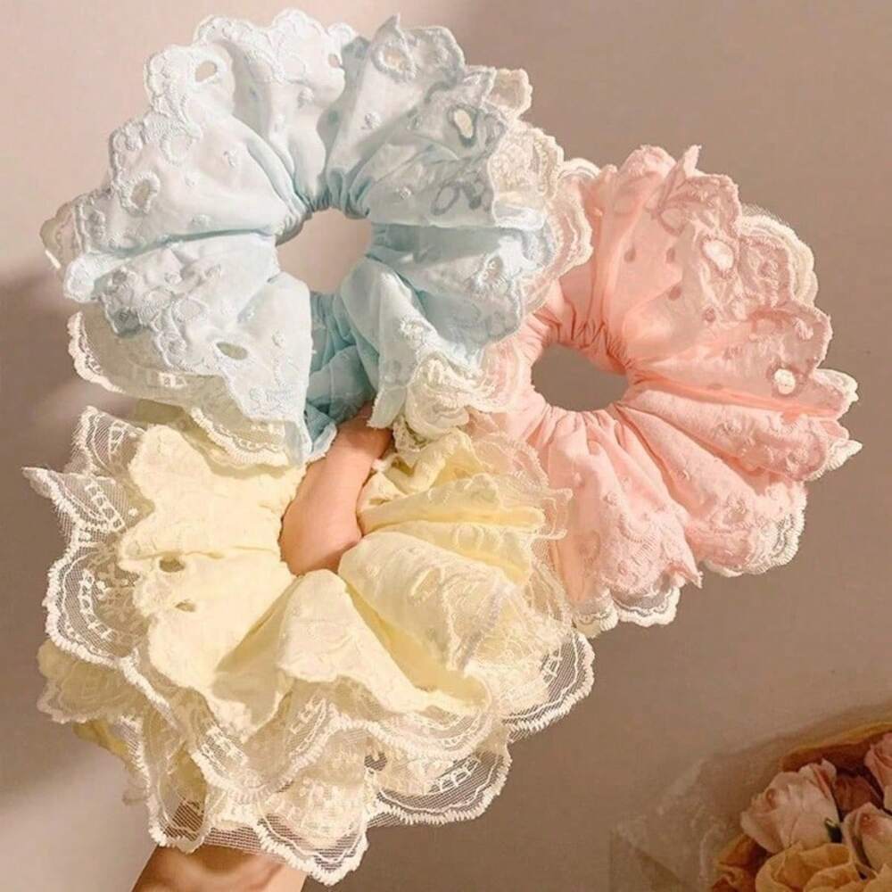 French Blue Lace Scrunchie, Hollow Floral Hair Tie For Daily Wear