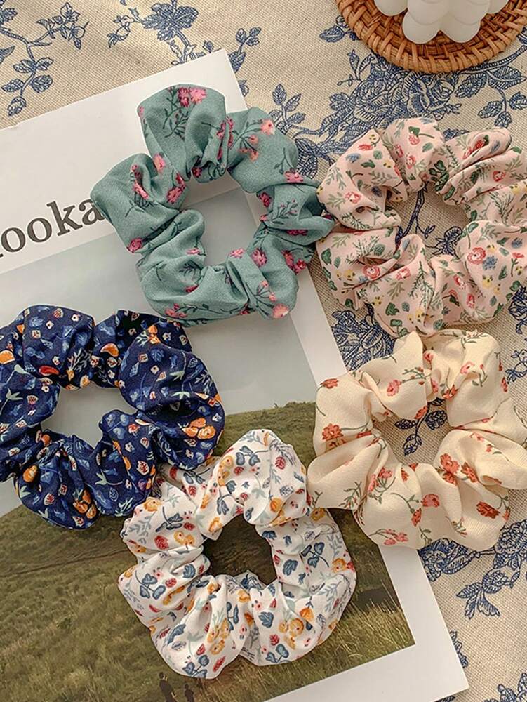 Floral Cloth Scrunchies Set, 5pcs Country Style Elastic Hair Ties For Women