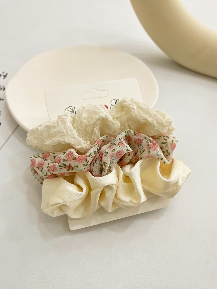 Boho Ditsy Floral Scrunchies Set, 3pcs Valentine’s Day Hair Ties For Women