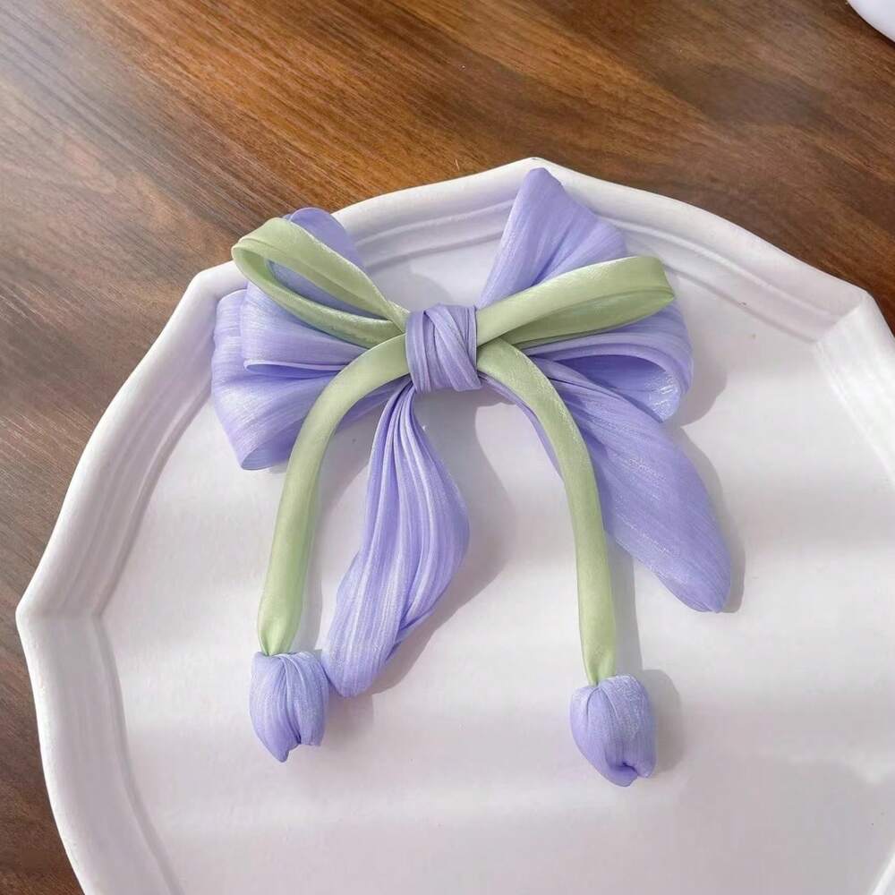 Purple Tulip Ribbon Scrunchies Set, 2pcs Cute Bowknot Hair Ties For Girls And Women