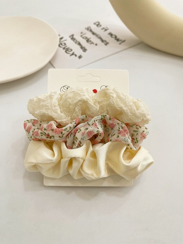 Boho Ditsy Floral Scrunchies Set, 3pcs Valentine’s Day Hair Ties For Women