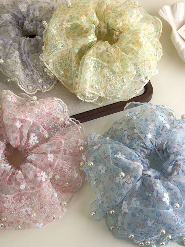 Retro Ditsy Floral Lace Scrunchie, Faux Pearl Decor Hair Tie For Women