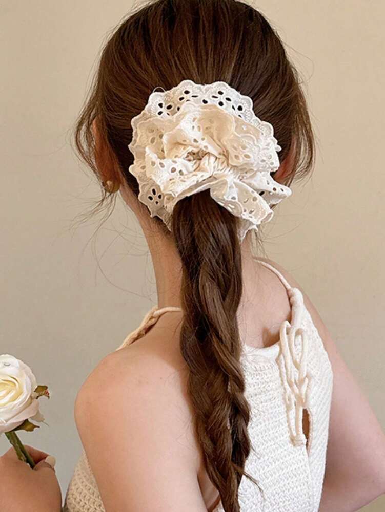 Lace Hollow Scrunchies Set, 1/2pcs Elegant White And Pink Hair Ties For Women