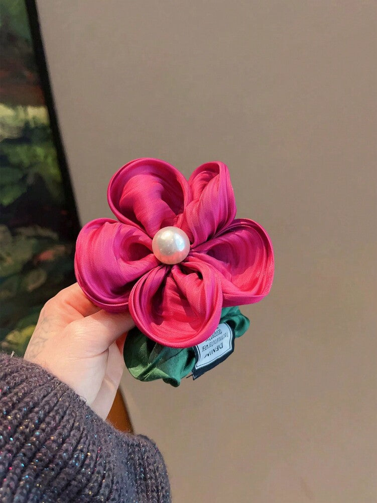 Faux Pearl Flower Scrunchie, Elegant Leather Band Hair Tie For Women