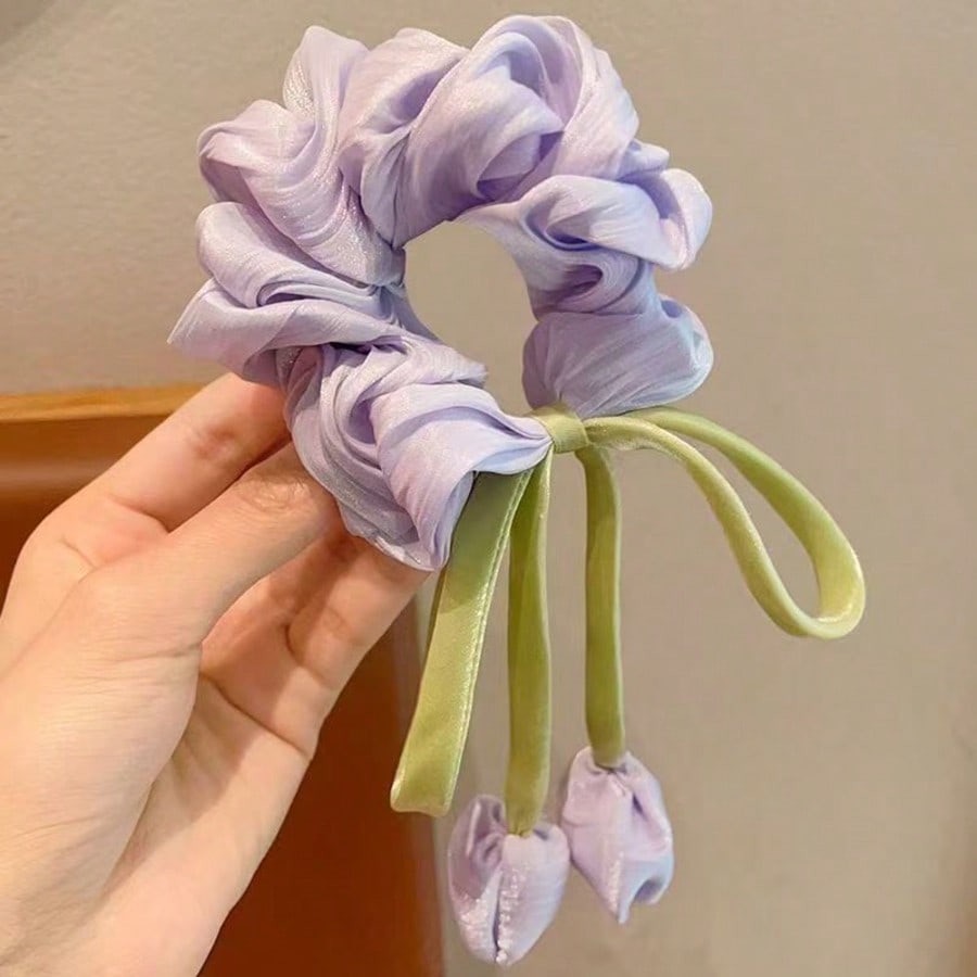 Purple Tulip Ribbon Scrunchies Set, 2pcs Cute Bowknot Hair Ties For Girls And Women