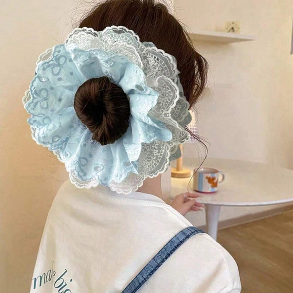 French Blue Lace Scrunchie, Hollow Floral Hair Tie For Daily Wear