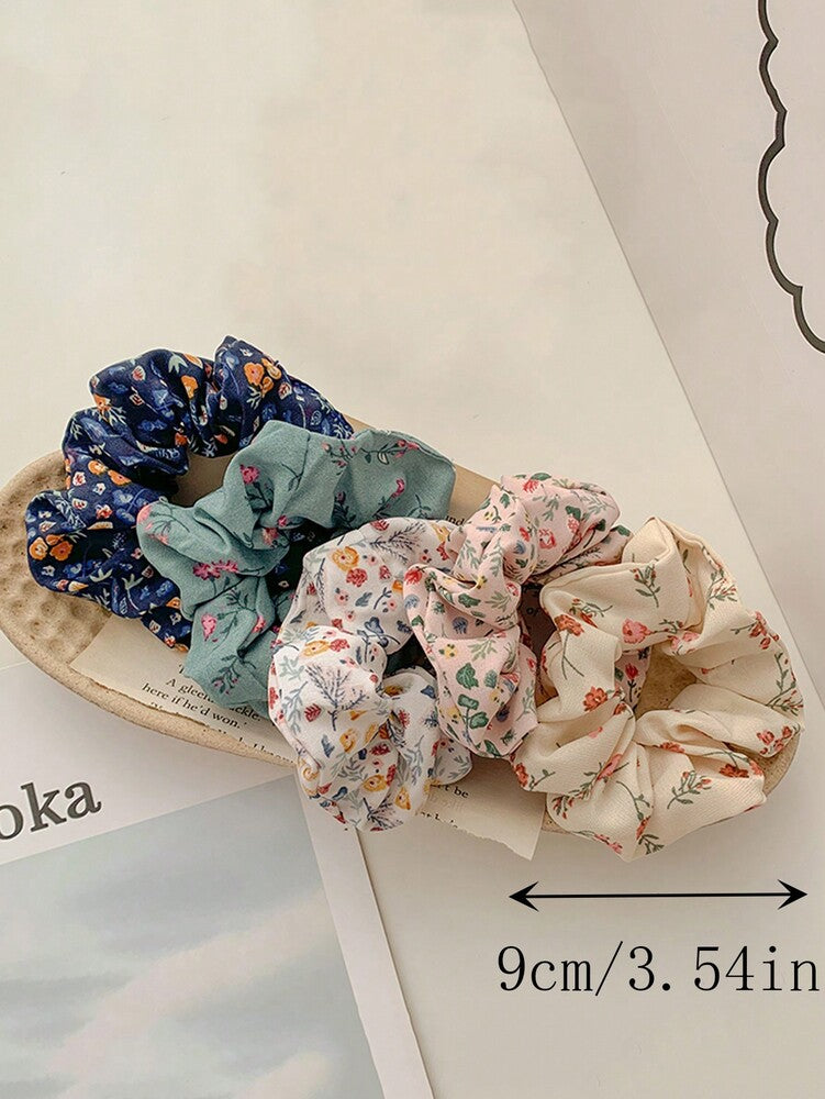 Floral Cloth Scrunchies Set, 5pcs Country Style Elastic Hair Ties For Women