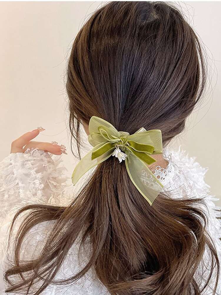Bow Decor Floral Scrunchies Set, 2pcs Cute Hair Ties Ponytail Holders For Women