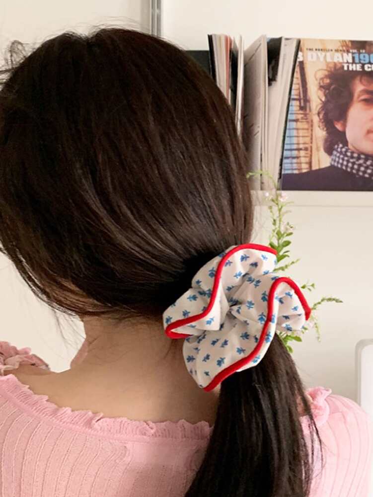 Bow Cloth Scrunchies Set, 2pcs Checked And Floral Print Hair Ties For Women