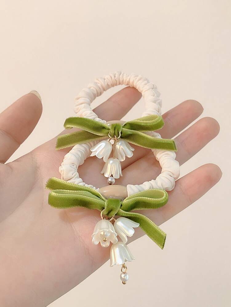 Flower Decor Hair Scrunchies Set, 2pcs Boho Style Elastic Hair Ties For Daily Wear