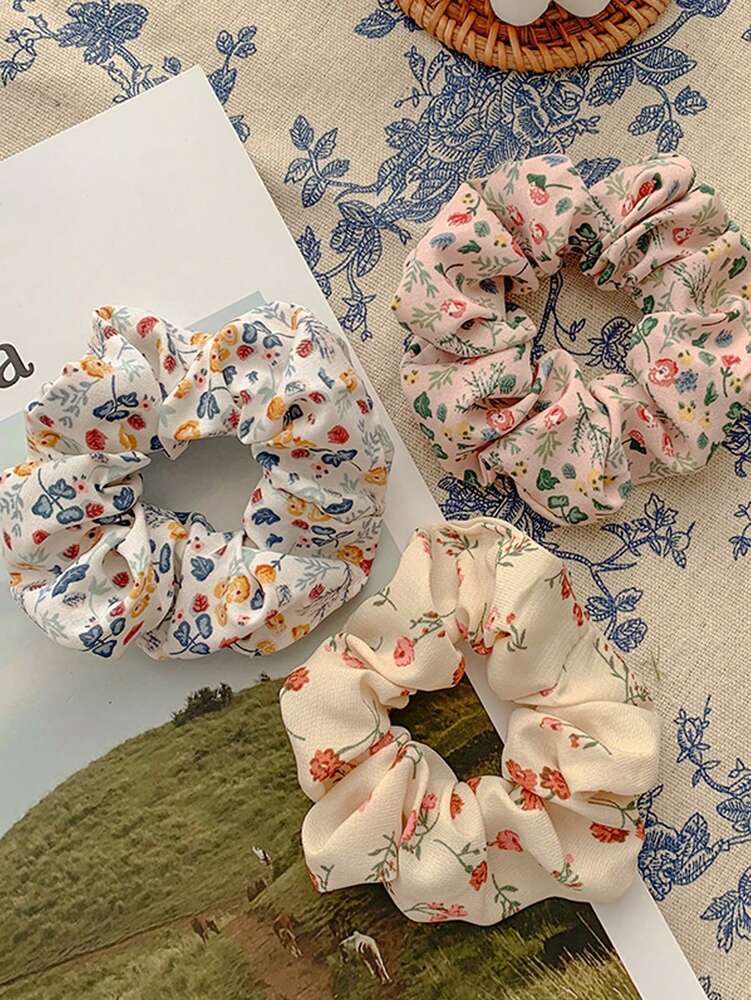 Floral Cloth Scrunchies Set, 5pcs Country Style Elastic Hair Ties For Women
