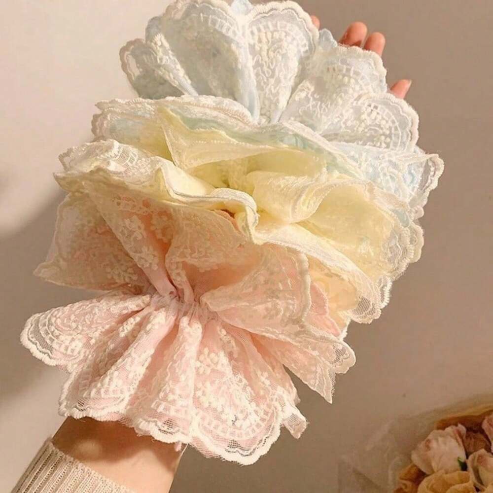 French Blue Lace Scrunchie, Hollow Floral Hair Tie For Daily Wear