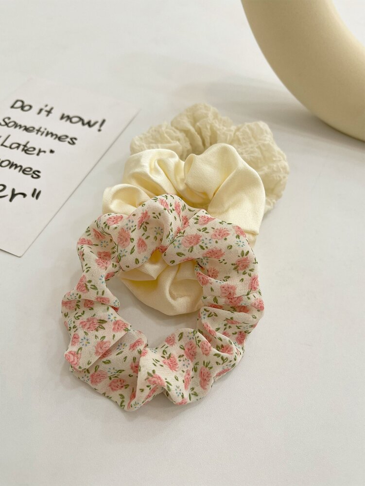 Boho Ditsy Floral Scrunchies Set, 3pcs Valentine’s Day Hair Ties For Women