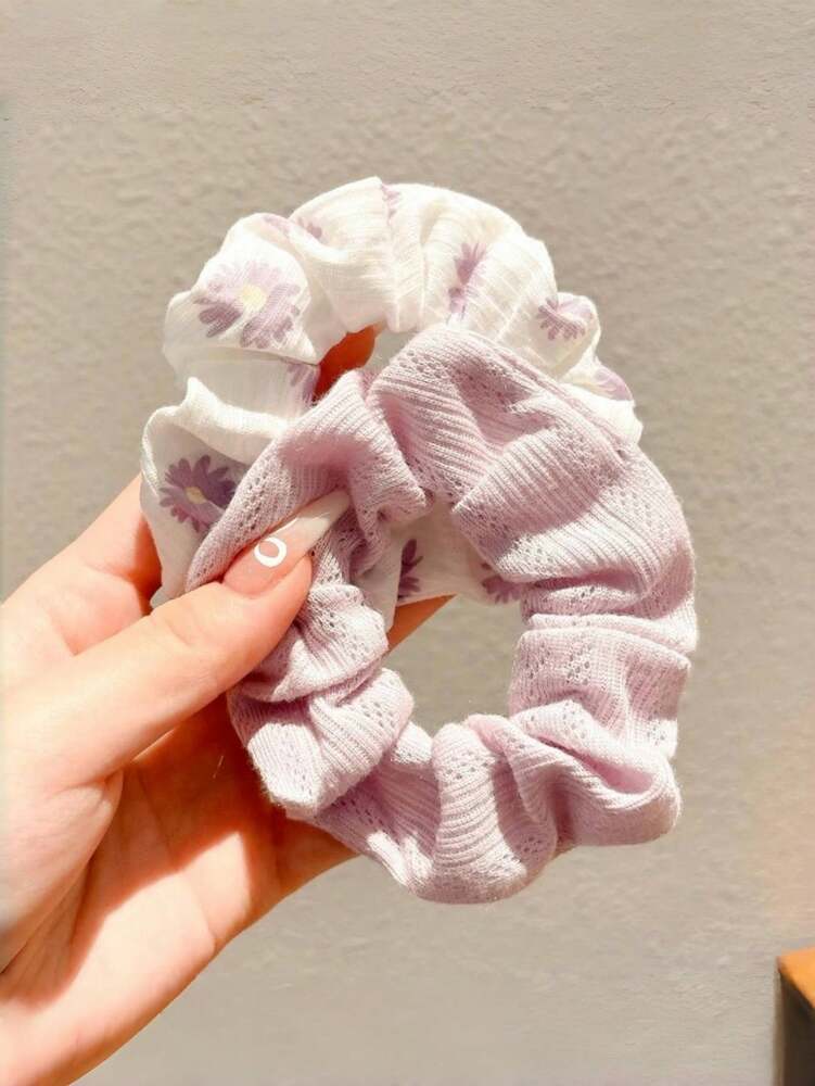 Floral Design Scrunchies Set, 2pcs Cute Hair Ties For Outings And Parties