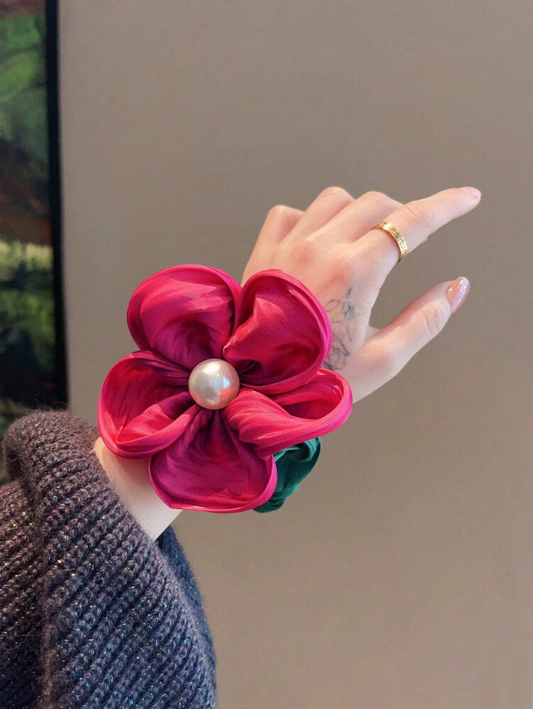 Faux Pearl Flower Scrunchie, Elegant Leather Band Hair Tie For Women