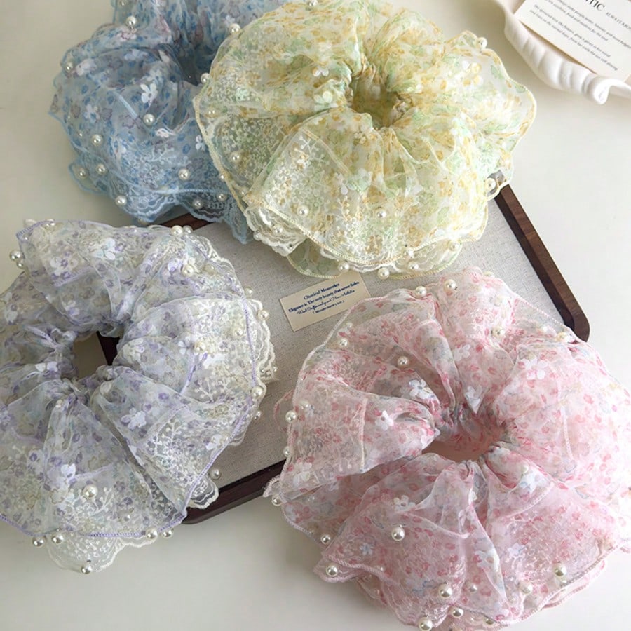 Retro Ditsy Floral Lace Scrunchie, Faux Pearl Decor Hair Tie For Women