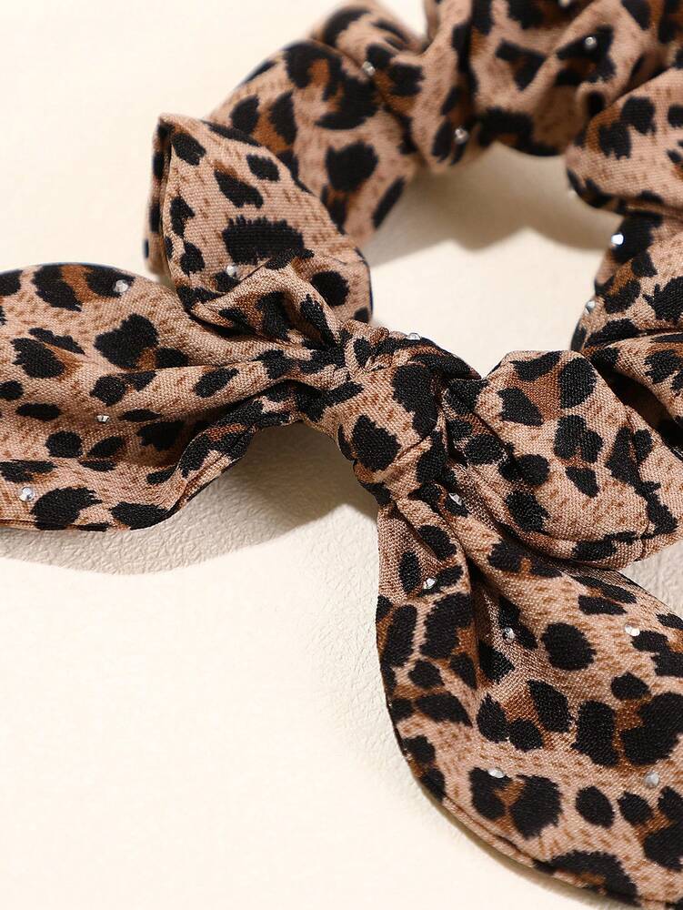 Retro Leopard Print Rhinestone Scrunchies Set, 3pcs Rabbit Ear Design Hair Ties For Women