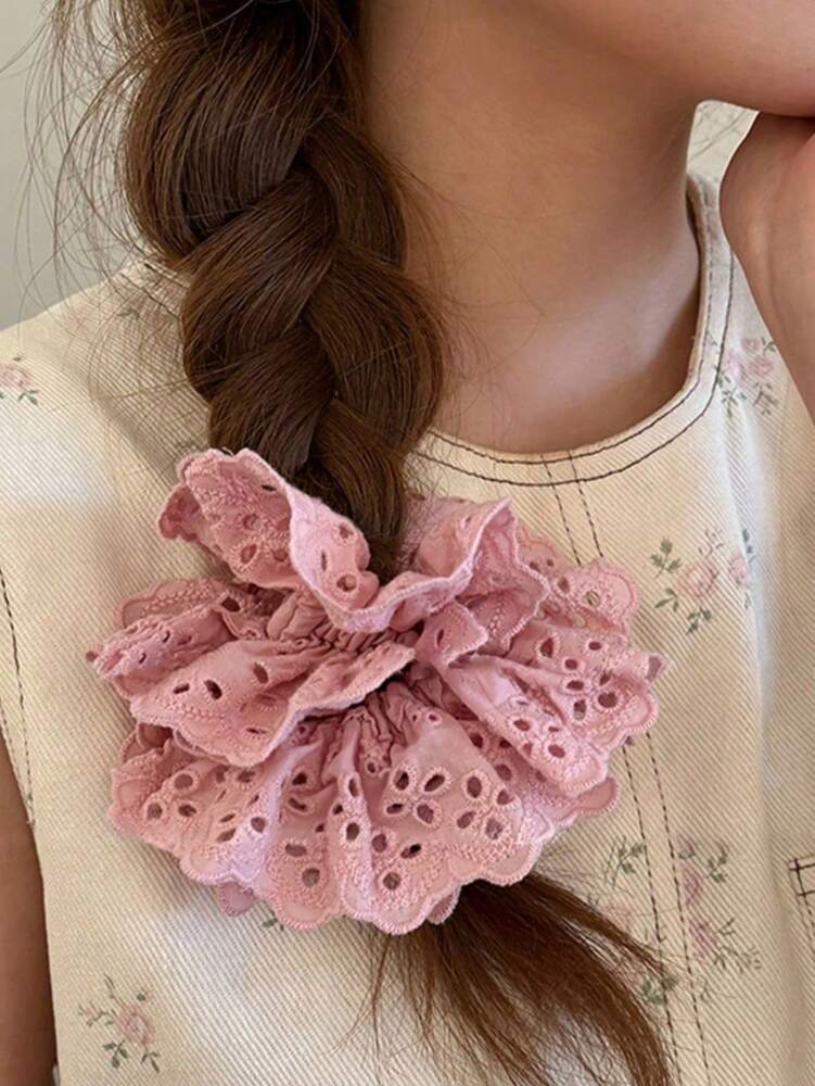 Lace Hollow Scrunchies Set, 1/2pcs Elegant White And Pink Hair Ties For Women